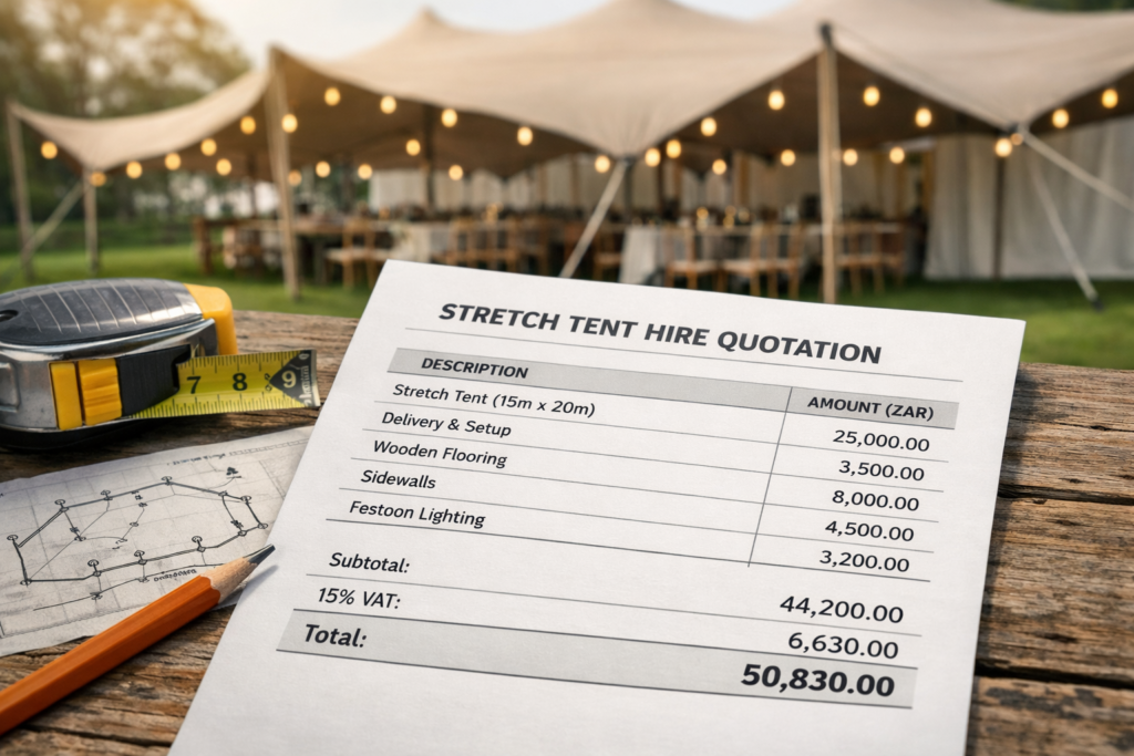 South African stretch tent hire quotation showing stretch tent hire cost, event setup details, and blurred taupe canopy background.