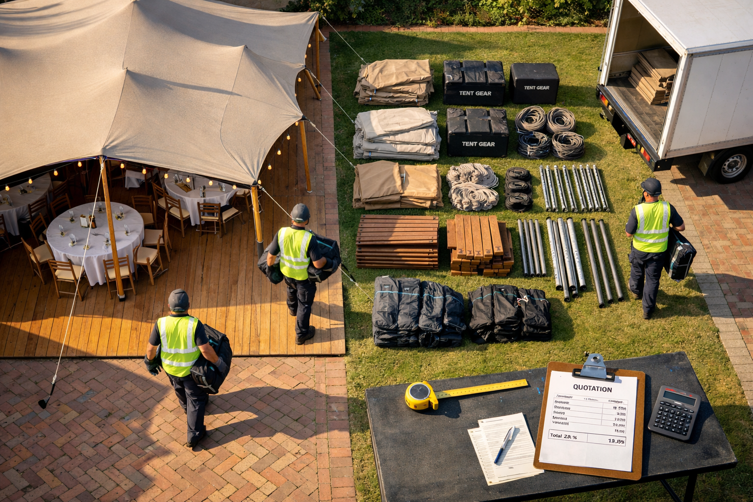 Overhead Stellenbosch stretch tent hire setup and takedown, crew, equipment, anchors, and stretch tent hire cost quote.