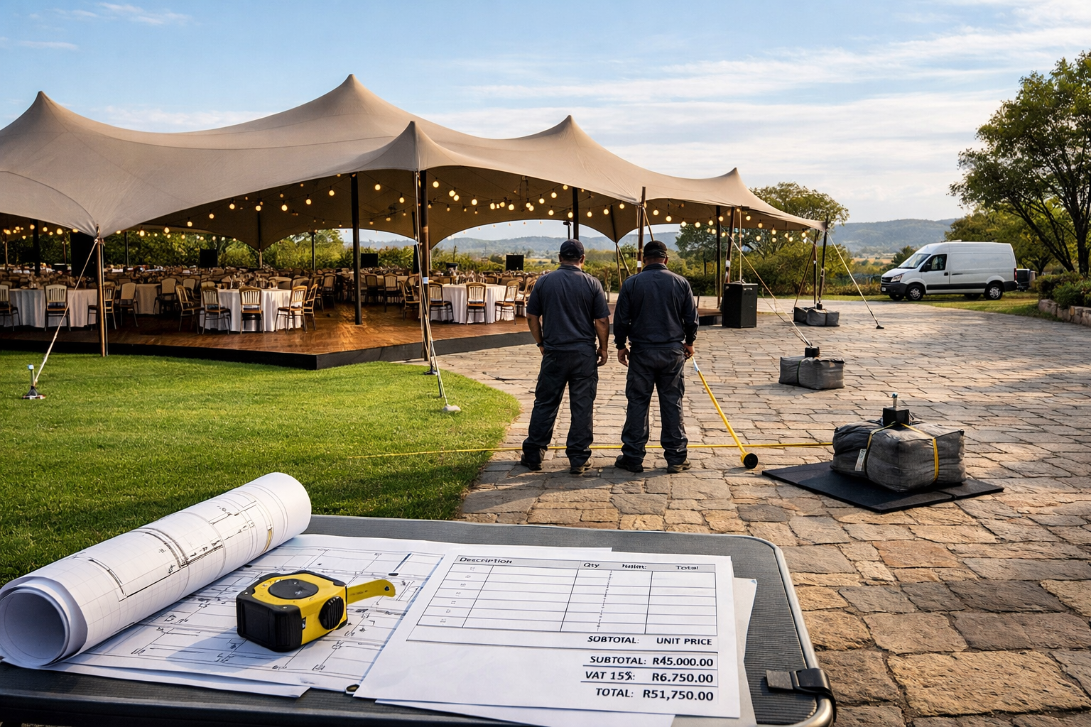 South African estate stretch tent on lawn and paving, with crew, anchors, event setup, and stretch tent hire cost quote.