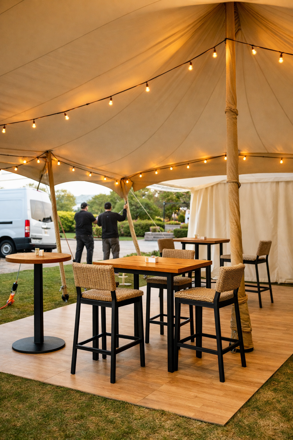 Stretch tent hire cost display at a Stellenbosch estate with cream canopy, anchored ropes, cocktail furniture, lights, and crew.