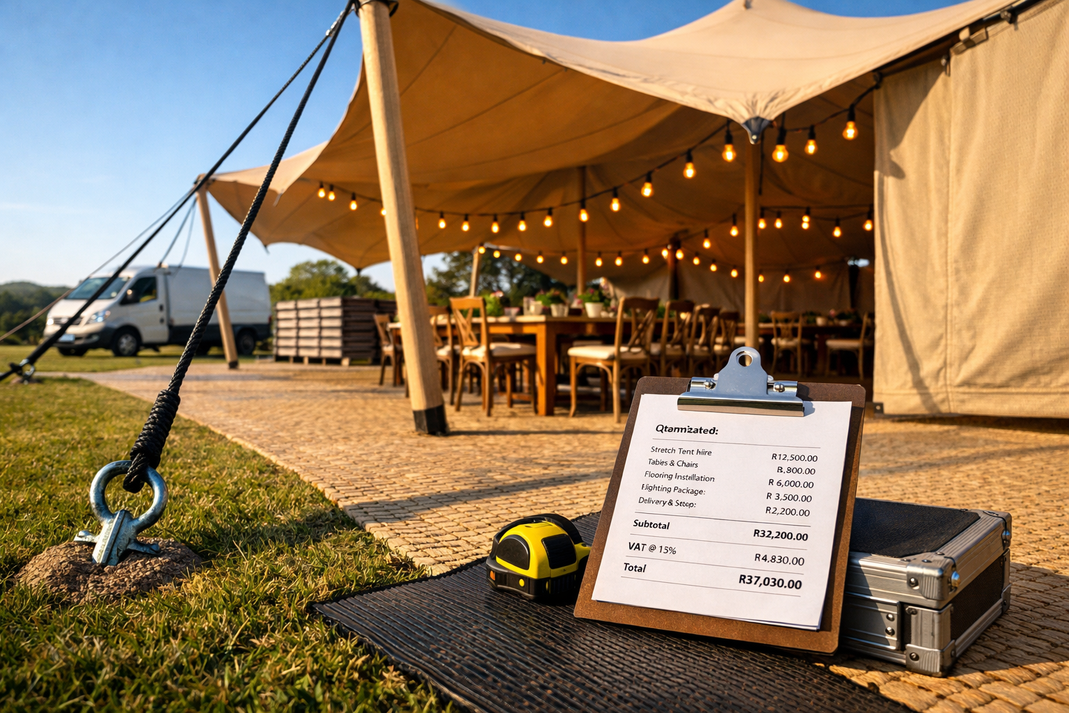 Stretch tent hire cost shown on a Stellenbosch lawn with anchored canopy, flooring, furniture, festoon lights, and quotation.