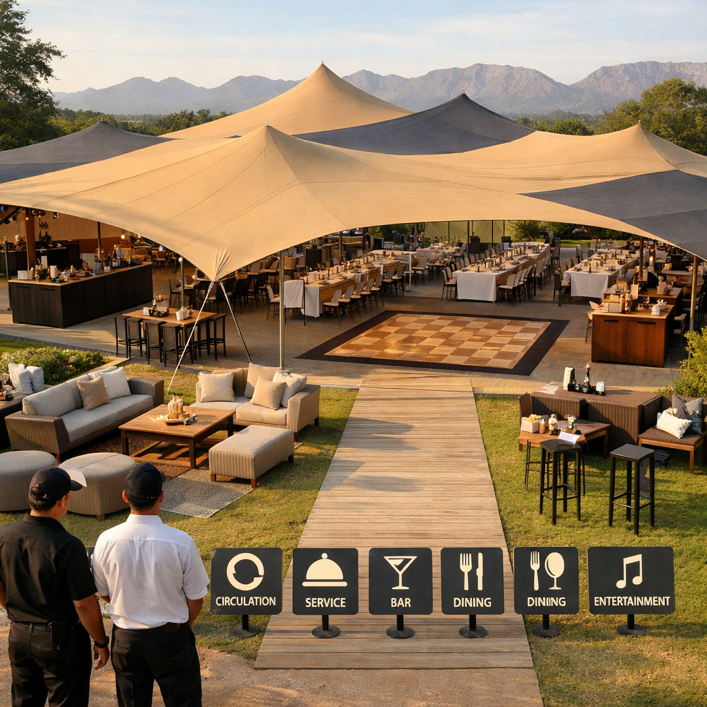 High-angle outdoor venue with stretch tent, lounge, dining, bar and dance zones; events furniture and stretch tent hire in Gauteng and cape town