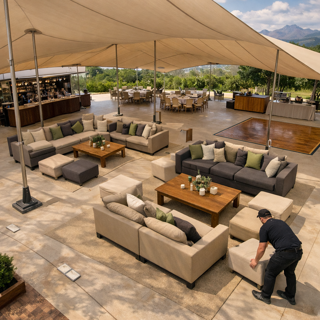 Bird’s-eye view of lounge seating beneath a stretch tent, showcasing events furniture and stretch tent hire in Gauteng and cape town.