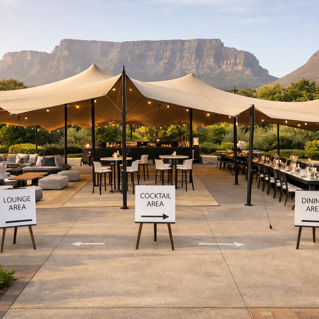 Cape Town venue showing lounge, cocktail, dining, bar and dance zones under a stretch tent for events furniture and stretch tent hire in Gauteng and cape town